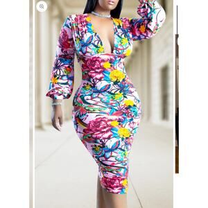 Plus Size All Over Print Front Pleated Bodycon Midi Dress size 2XL
